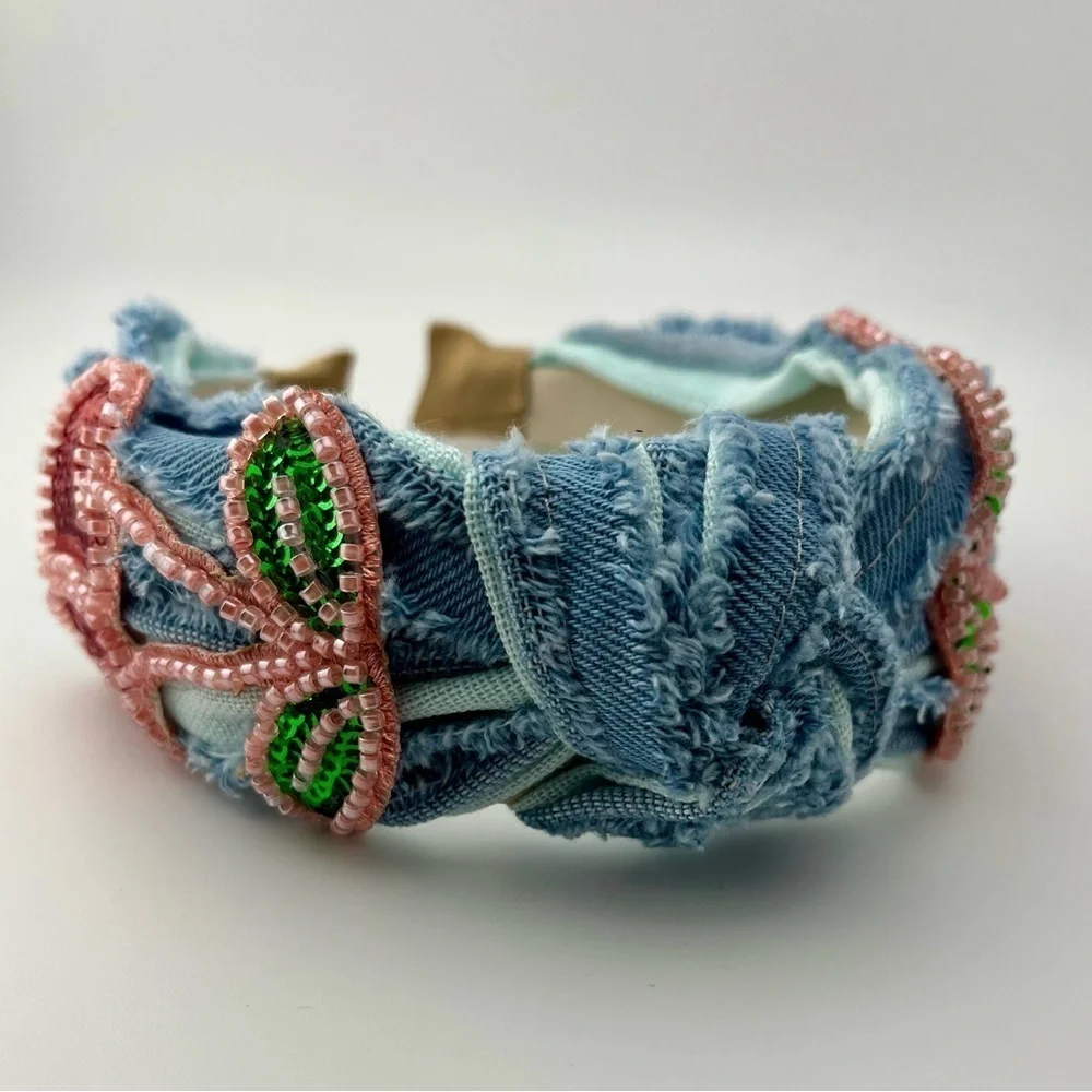 Embellished Denim Headband with Cherry Design NEW